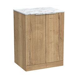 Milan Fluted 600mm Autumn Oak Vanity Unit - Floor Standing 2-Door Unit with Carrara Marble Worktop & Chrome Handles