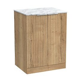 Milan Fluted 600mm Autumn Oak Vanity Unit - Floor Standing 2-Door Unit with Carrara Marble Worktop & Chrome Handles