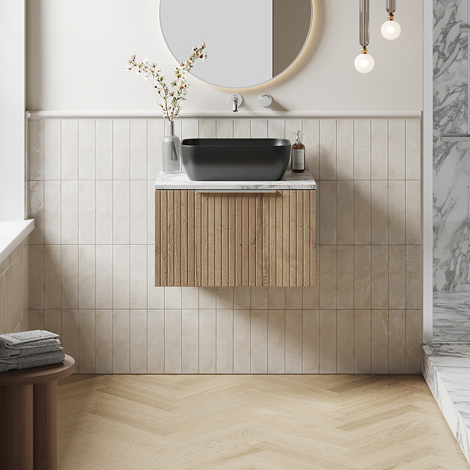 Milan Fluted 600mm Autumn Oak Vanity Unit - Wall Hung 1 Drawer Unit with Carrara Marble Worktop & Chrome Handle