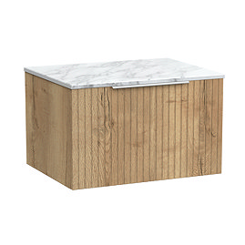 Milan Fluted 600mm Autumn Oak Vanity Unit - Wall Hung 1 Drawer Unit with Carrara Marble Worktop & Chrome Handle