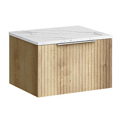 Milan Fluted 600mm Autumn Oak Vanity Unit - Wall Hung 1 Drawer Unit with Carrara Marble Worktop & Chrome Handle
