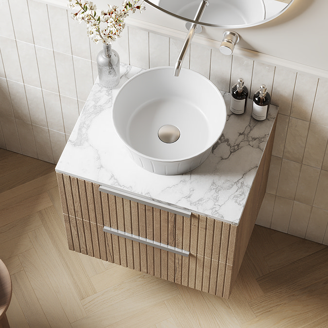 Milan Fluted 600mm Autumn Oak Vanity Unit - Wall Hung 2 Drawer Unit with Carrara Marble Worktop & Chrome Handles