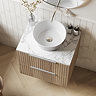 Milan Fluted 600mm Autumn Oak Vanity Unit - Wall Hung 2 Drawer Unit with Carrara Marble Worktop & Chrome Handles