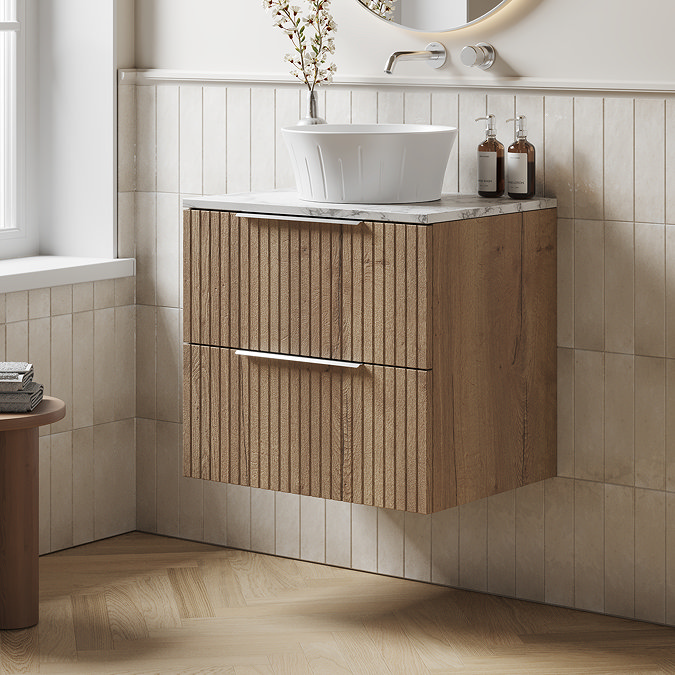 Milan Fluted 600mm Autumn Oak Vanity Unit - Wall Hung 2 Drawer Unit with Carrara Marble Worktop & Chrome Handles