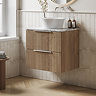 Milan Fluted 600mm Autumn Oak Vanity Unit - Wall Hung 2 Drawer Unit with Carrara Marble Worktop & Chrome Handles
