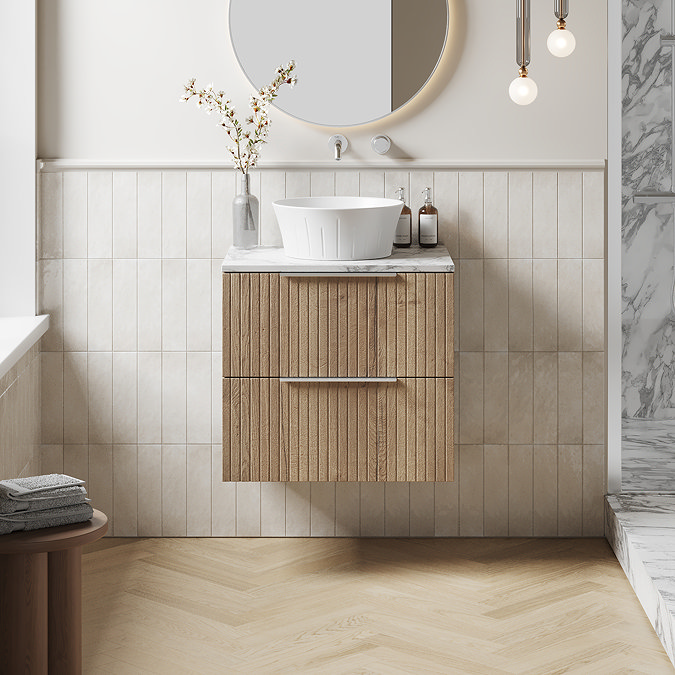 Milan Fluted 600mm Autumn Oak Vanity Unit - Wall Hung 2 Drawer Unit with Carrara Marble Worktop & Chrome Handles