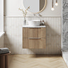 Milan Fluted 600mm Autumn Oak Vanity Unit - Wall Hung 2 Drawer Unit with Carrara Marble Worktop & Chrome Handles