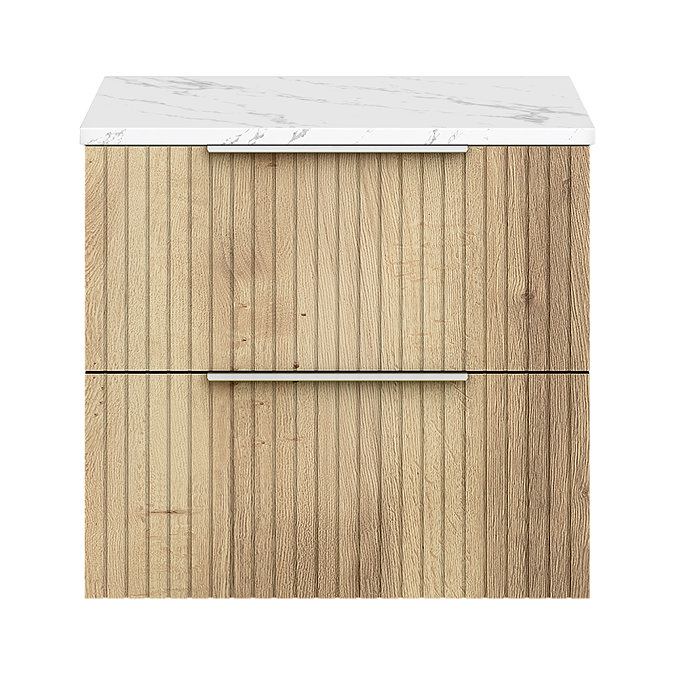 Milan Fluted 600mm Autumn Oak Vanity Unit - Wall Hung 2 Drawer Unit with Carrara Marble Worktop & Chrome Handles