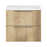 Milan Fluted 600mm Autumn Oak Vanity Unit - Wall Hung 2 Drawer Unit with Carrara Marble Worktop & Chrome Handles