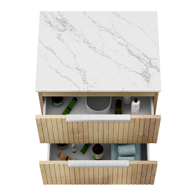 Milan Fluted 600mm Autumn Oak Vanity Unit - Wall Hung 2 Drawer Unit with Carrara Marble Worktop & Chrome Handles