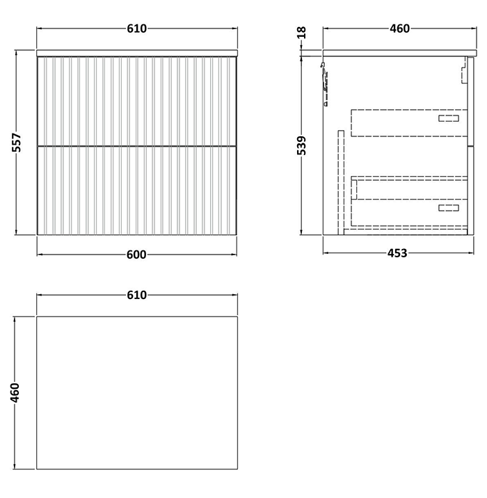 Milan Fluted 600mm Autumn Oak Vanity Unit - Wall Hung 2 Drawer Unit with Carrara Marble Worktop & Chrome Handles