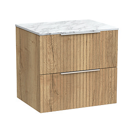 Milan Fluted 600mm Autumn Oak Vanity Unit - Wall Hung 2 Drawer Unit with Carrara Marble Worktop & Chrome Handles