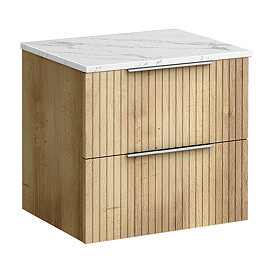 Milan Fluted 600mm Autumn Oak Vanity Unit - Wall Hung 2 Drawer Unit with Carrara Marble Worktop & Chrome Handles