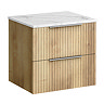 Milan Fluted 600mm Autumn Oak Vanity Unit - Wall Hung 2 Drawer Unit with Carrara Marble Worktop & Chrome Handles