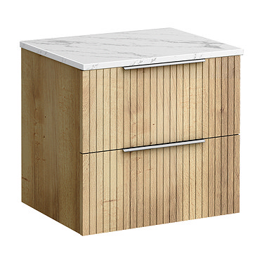 Milan Fluted 600mm Autumn Oak Vanity Unit - Wall Hung 2 Drawer Unit with Carrara Marble Worktop & Chrome Handles