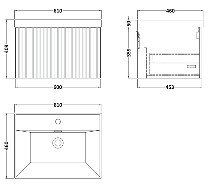 Milan Fluted 600mm Matt White 1-Drawer Wall Hung Vanity Unit with Chrome Handle