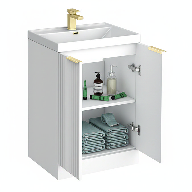 Milan Fluted 600mm Matt White 2-Door Floor Standing Vanity Unit with Brushed Brass Handles