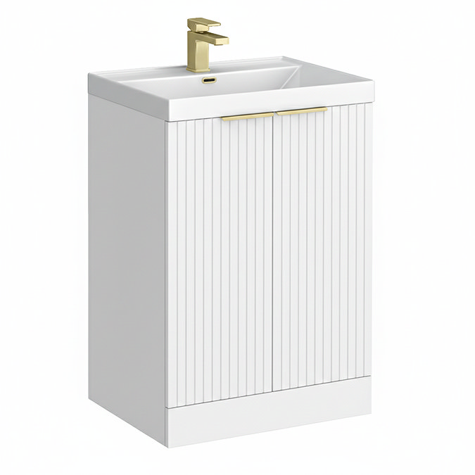 Milan Fluted 600mm Matt White 2-Door Floor Standing Vanity Unit with Brushed Brass Handles