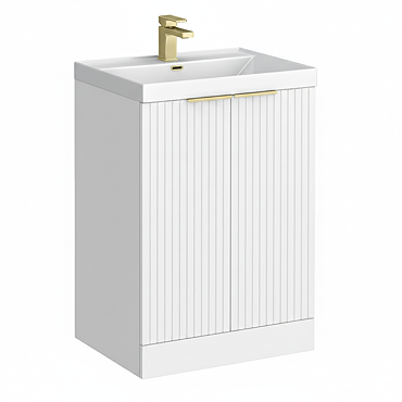 Milan Fluted 600mm Matt White 2-Door Floor Standing Vanity Unit with Brushed Brass Handles