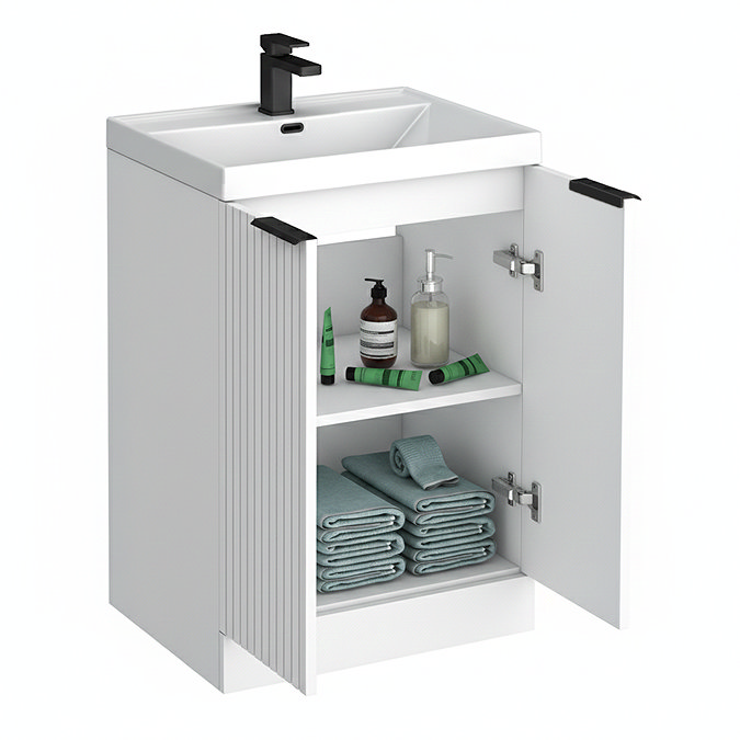 Milan Fluted 600mm Matt White 2-Door Floor Standing Vanity Unit with Matt Black Handles