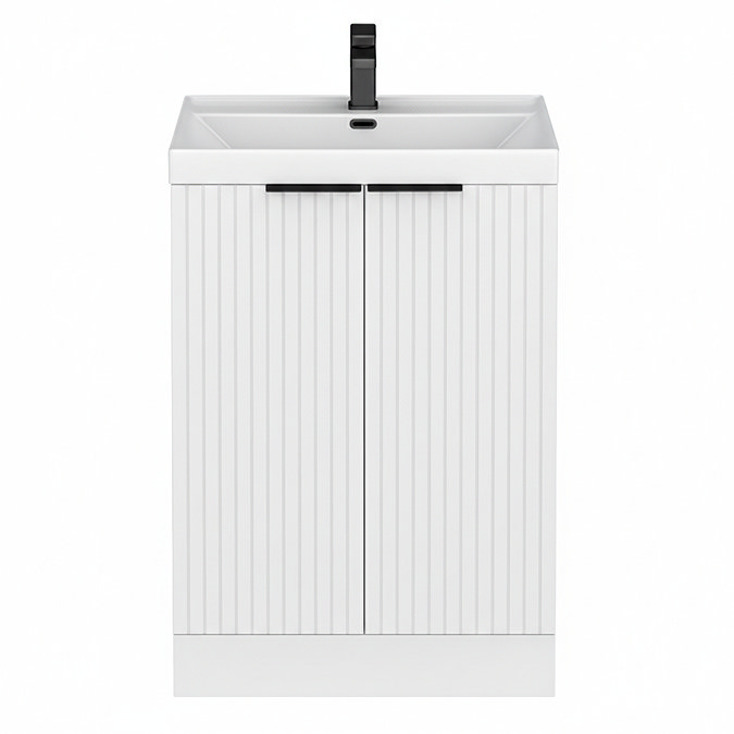 Milan Fluted 600mm Matt White 2-Door Floor Standing Vanity Unit with Matt Black Handles