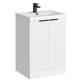 Milan Fluted 600mm Matt White 2-Door Floor Standing Vanity Unit with Matt Black Handles