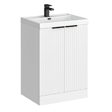 Milan Fluted 600mm Matt White 2-Door Floor Standing Vanity Unit with Matt Black Handles
