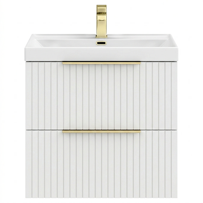 Milan Fluted 600mm Matt White 2-Drawer Wall Hung Vanity Unit with Brushed Brass Handles