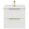Milan Fluted 600mm Matt White 2-Drawer Wall Hung Vanity Unit with Brushed Brass Handles