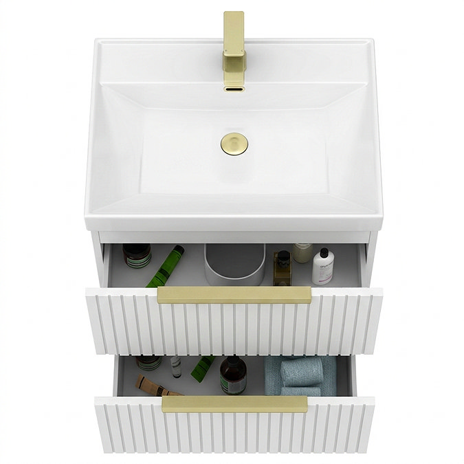 Milan Fluted 600mm Matt White 2-Drawer Wall Hung Vanity Unit with Brushed Brass Handles