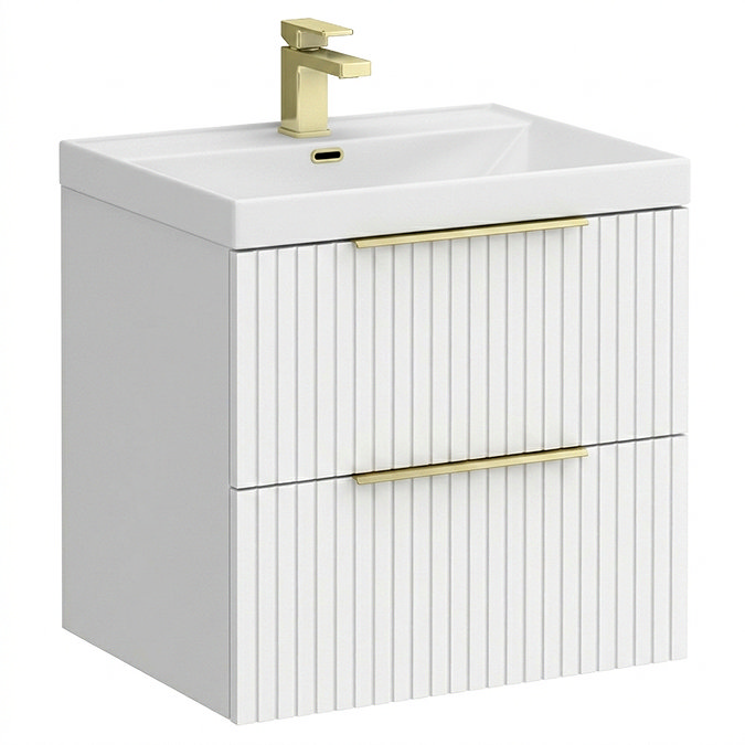 Milan Fluted 600mm Matt White 2-Drawer Wall Hung Vanity Unit with Brushed Brass Handles