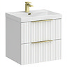 Milan Fluted 600mm Matt White 2-Drawer Wall Hung Vanity Unit with Brushed Brass Handles