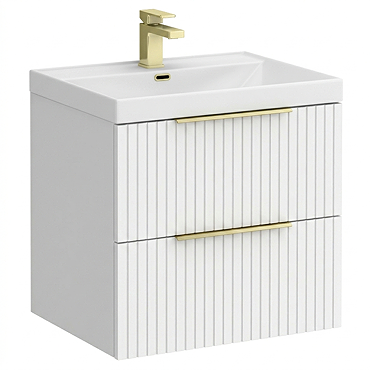 Milan Fluted 600mm Matt White 2-Drawer Wall Hung Vanity Unit with Brushed Brass Handles