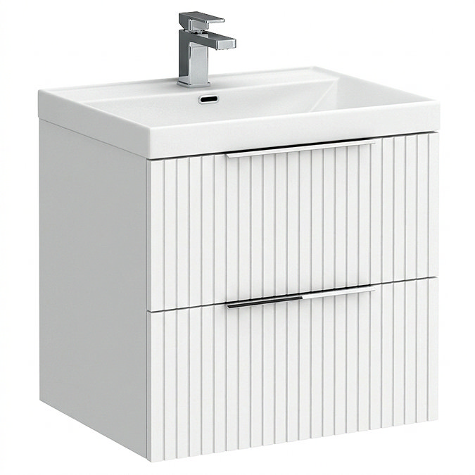 Milan Fluted 600mm Matt White 2-Drawer Wall Hung Vanity Unit with Chrome Handles