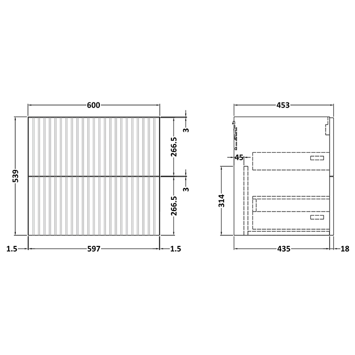 Milan Fluted 600mm Matt White 2-Drawer Wall Hung Vanity Unit with Matt Black Handles