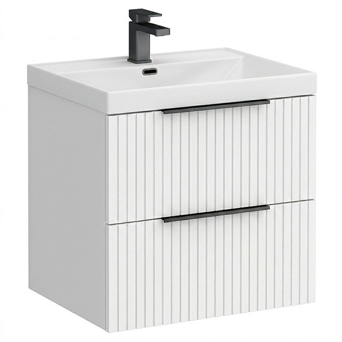 Milan Fluted 600mm Matt White 2-Drawer Wall Hung Vanity Unit with Matt Black Handles