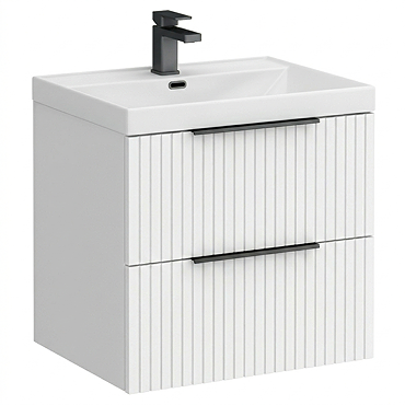 Milan Fluted 600mm Matt White 2-Drawer Wall Hung Vanity Unit with Matt Black Handles