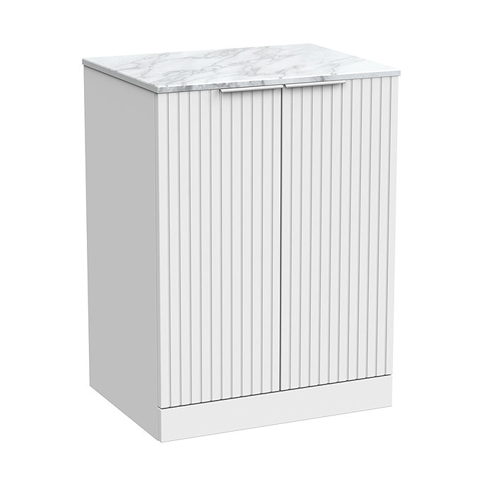 Milan Fluted 600mm Matt White Vanity Unit - Floor Standing 2-Door Unit with Carrara Marble Worktop & Chrome Handles