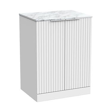 Milan Fluted 600mm Matt White Vanity Unit - Floor Standing 2-Door Unit with Carrara Marble Worktop & Chrome Handles