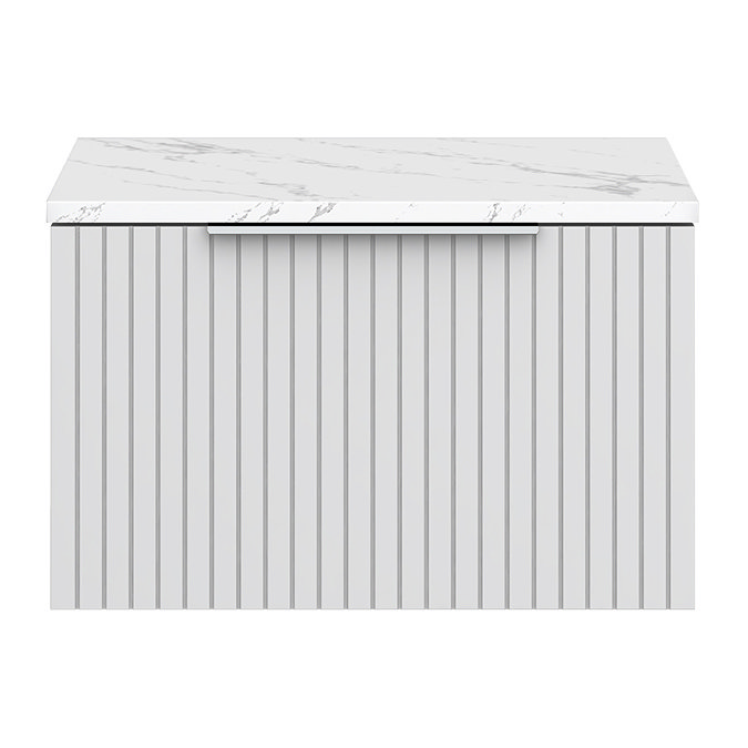 Milan Fluted 600mm Matt White Vanity Unit - Wall Hung 1 Drawer Unit with Carrara Marble Worktop & Chrome Handle