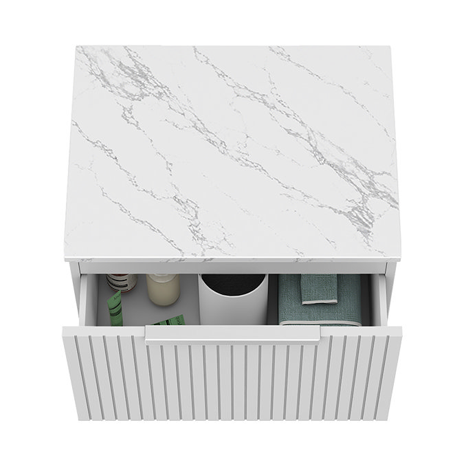 Milan Fluted 600mm Matt White Vanity Unit - Wall Hung 1 Drawer Unit with Carrara Marble Worktop & Chrome Handle