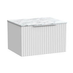 Milan Fluted 600mm Matt White Vanity Unit - Wall Hung 1 Drawer Unit with Carrara Marble Worktop & Chrome Handle