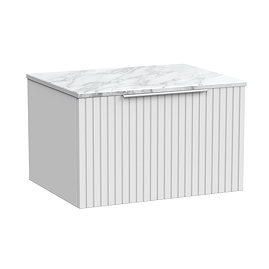 Milan Fluted 600mm Matt White Vanity Unit - Wall Hung 1 Drawer Unit with Carrara Marble Worktop & Chrome Handle