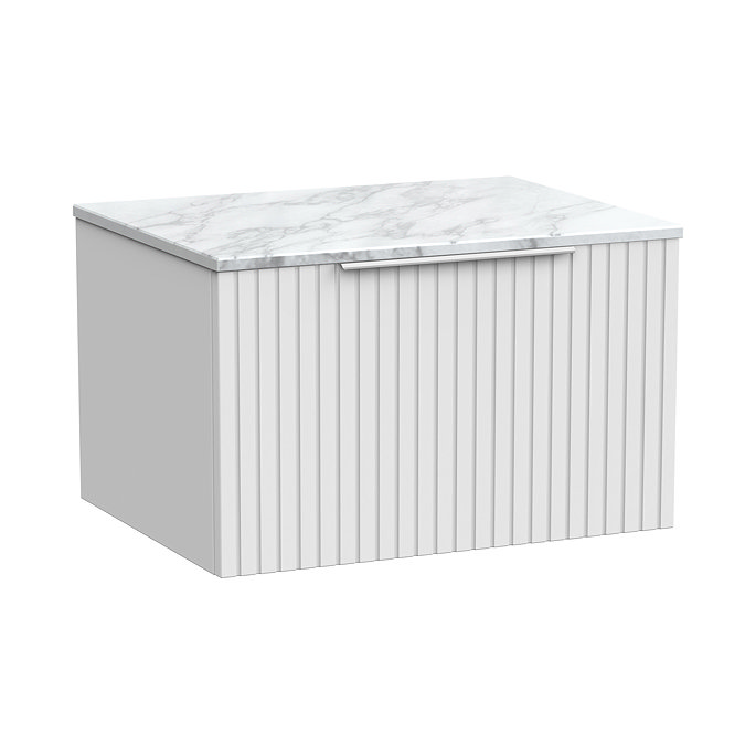 Milan Fluted 600mm Matt White Vanity Unit - Wall Hung 1 Drawer Unit with Carrara Marble Worktop & Chrome Handle