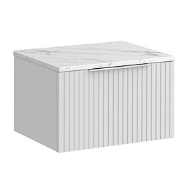 Milan Fluted 600mm Matt White Vanity Unit - Wall Hung 1 Drawer Unit with Carrara Marble Worktop & Chrome Handle