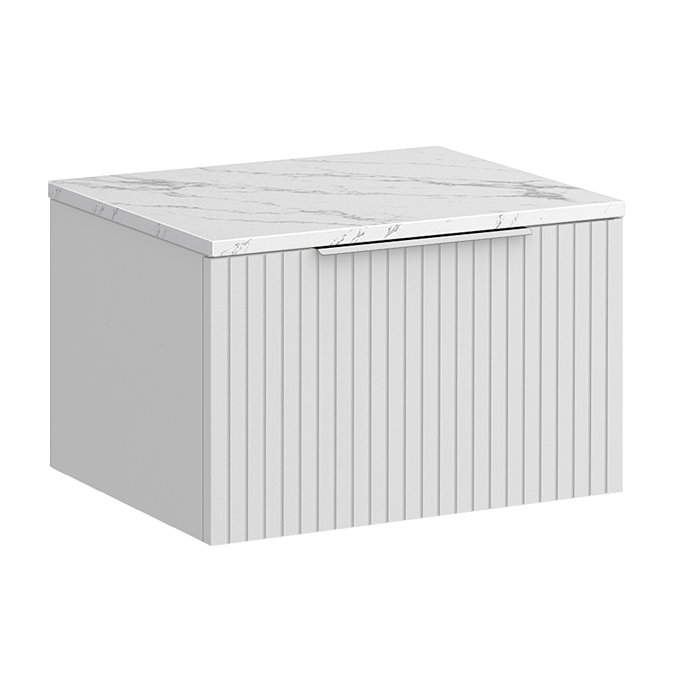 Milan Fluted 600mm Matt White Vanity Unit - Wall Hung 1 Drawer Unit with Carrara Marble Worktop & Chrome Handle