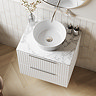 Milan Fluted 600mm Matt White Vanity Unit - Wall Hung 2 Drawer Unit with Carrara Marble Worktop & Chrome Handles