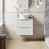 Milan Fluted 600mm Matt White Vanity Unit - Wall Hung 2 Drawer Unit with Carrara Marble Worktop & Chrome Handles