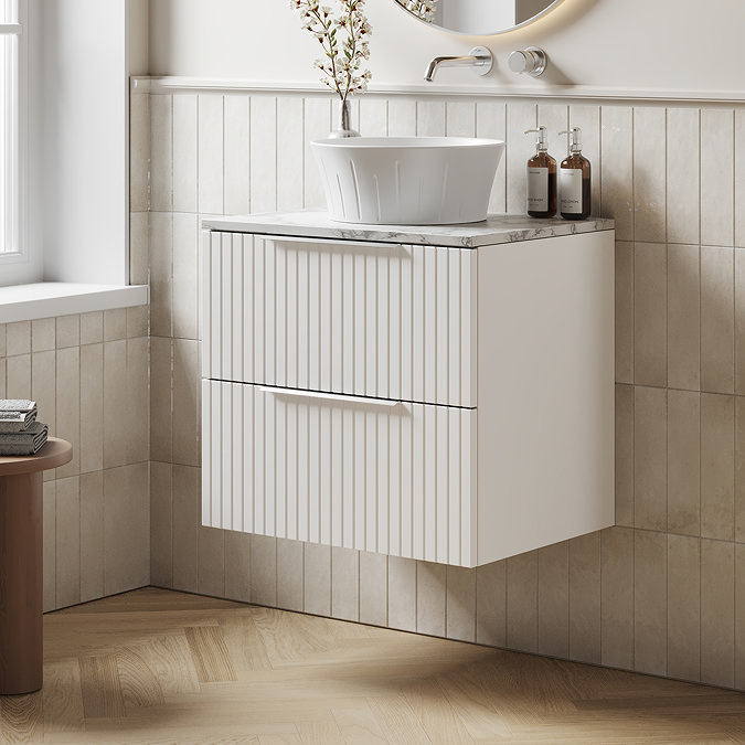 Milan Fluted 600mm Matt White Vanity Unit - Wall Hung 2 Drawer Unit with Carrara Marble Worktop & Chrome Handles