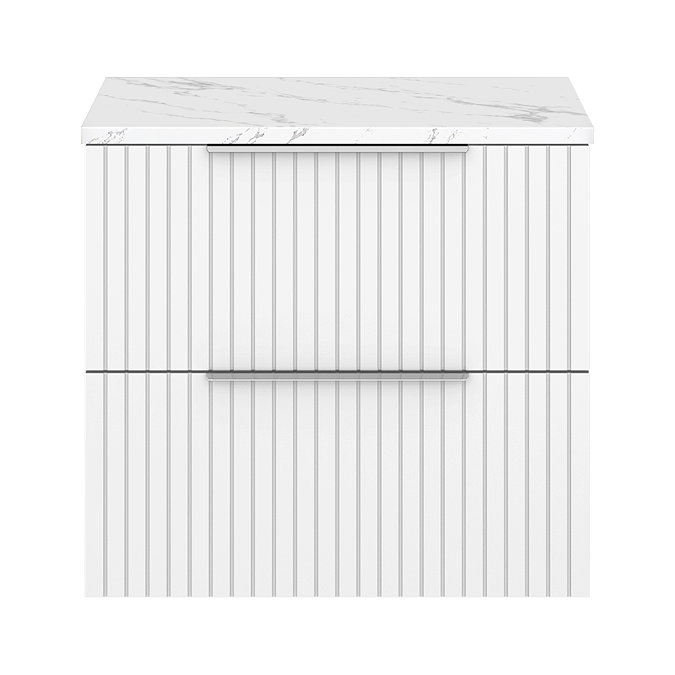 Milan Fluted 600mm Matt White Vanity Unit - Wall Hung 2 Drawer Unit with Carrara Marble Worktop & Chrome Handles